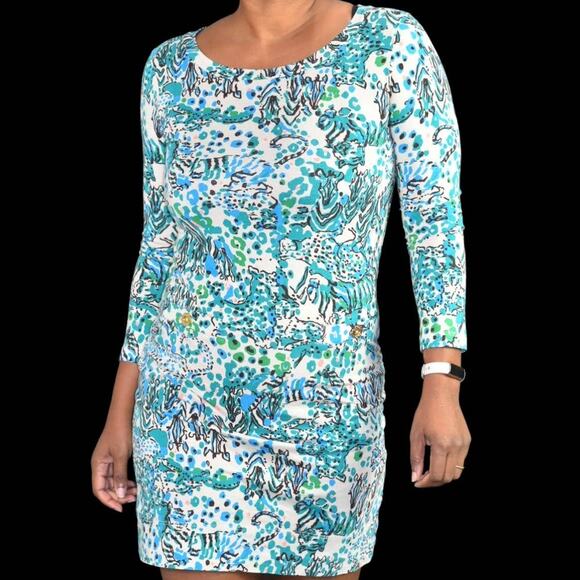 Lilly Pulitzer Corine Dress Green Sea Oat Escapades Animal Print Mini Size XS - Picture 2 of 12